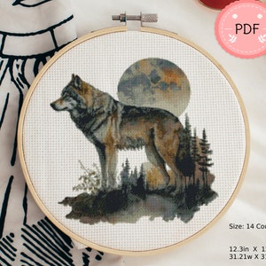 Cross Stitch patroon, PDF-formaat, Wolf en maan II, bos, Instant Download, landelijk landschap, X steekdiagram, aquarel