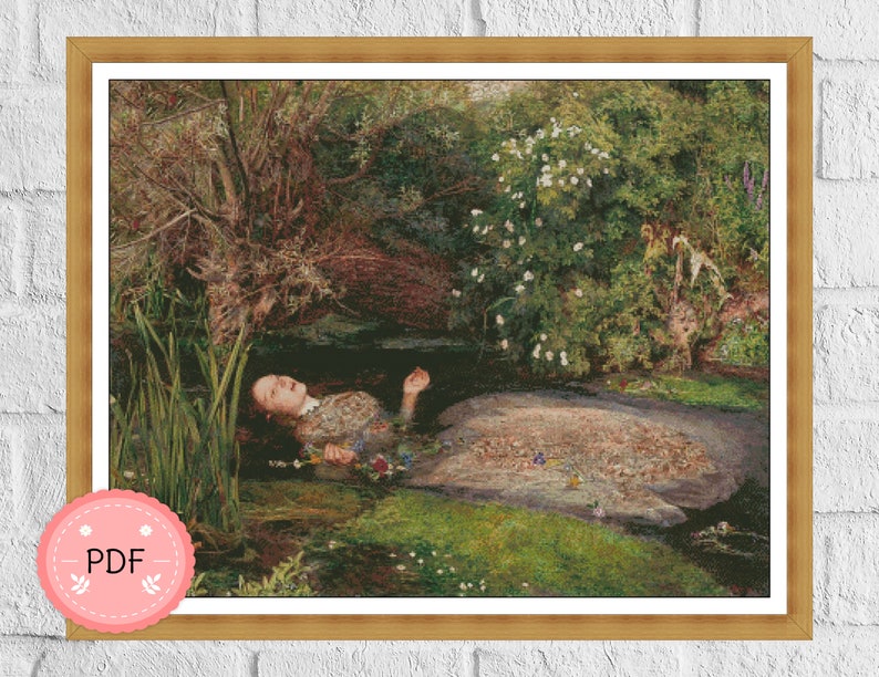 May include: A painting of a woman lying in a stream, surrounded by greenery. The woman is wearing a white dress and has her arms outstretched. The water is clear and the light is soft. The painting is set in a forest and there are trees and flowers in the background.