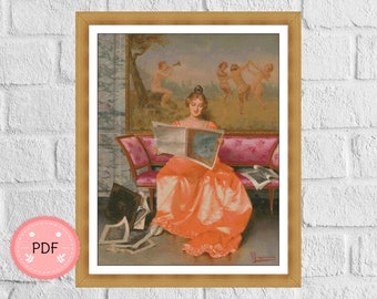 Patrón de punto de cruz de Vittorio Reggianini: Mujer retro leyendo (PDF)
