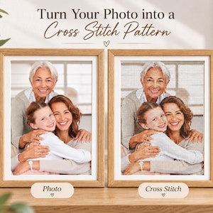 Op de afbeelding: Twee lichte houten lijsten met een foto en een kruissteekpatroon van drie personen. De tekst erboven luidt Turn Your Photo into a Cross Stitch Pattern, met de labels Photo en Cross Stitch onder elk van de ingelijste afbeeldingen.