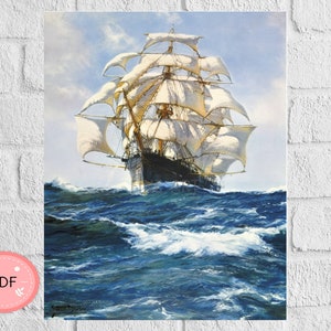 Ship Cross Stitch Pattern , Wild And Sun ,Pdf ,Instant Download ,  Wave X stitch , Sea Landscape ,  Montague Dawson , Marine Needlework