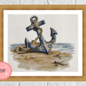 Modèle de point de croix, ancre sur la plage, ancre bleue, nautique, côtier, grille de point de croix imprimable, maritime, aquarelle, téléchargement immédiat