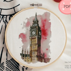 Akvarell Big Ben korsstygnsmönster: Londons stadslandskap (PDF-mönster)