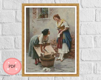 Cross Stitch Pattern ,Sharing The News ,Eugen von Blaas,  Pdf Instant Download , Full Coverage, X Stitch Chart