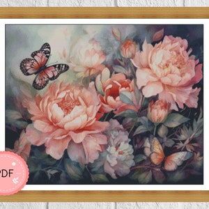 Patrón de punto de cruz,Acuarela,Flores con una mariposa,Pdf,Descarga instantánea,Tabla de puntadas florales X,Cobertura total,Pastoral,Mariposas