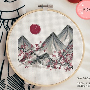 Asian Cross Stitch Pattern , Japanese Mountains And Blossoms, Asian Landscape, Pdf File,Japanese Traditional Painting,Cherry Blossom