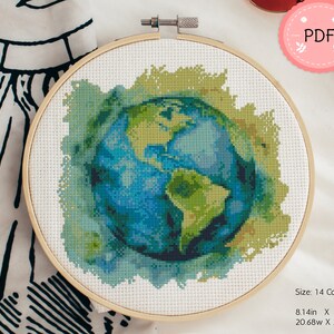 Cross Stitch patroon, aquarel aarde, planeet, PDF-formaat,, Instant Download, X Stitch Chart, aquarel, Galaxy, zonnestelsel
