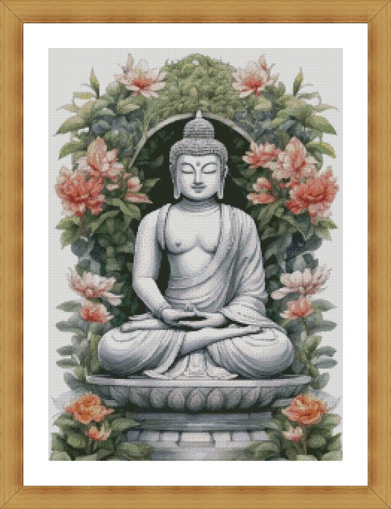 May include: A white stone statue of Buddha sitting in meditation pose with his hands in his lap. The statue is surrounded by pink flowers and green leaves.