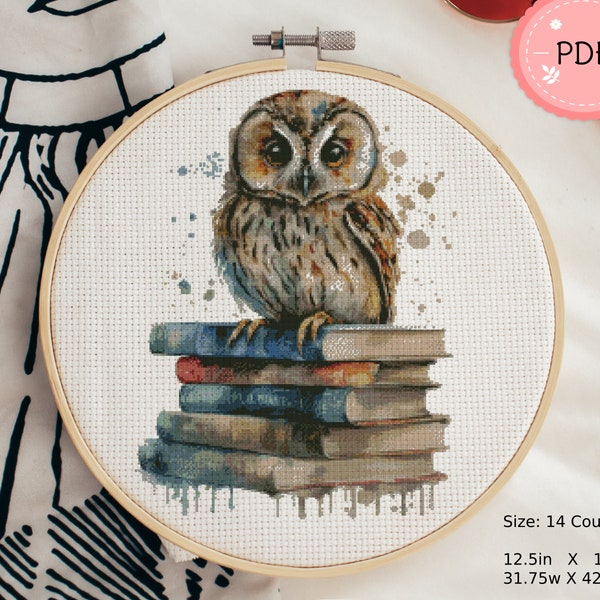 Book Cross Stitch Pattern,Owl And Books, Pdf  Instant Download , Watercolor X Stitch Chart,Book Lovers,Watercolor Magic Owl,Wizards