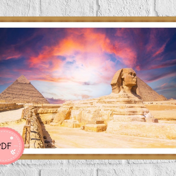 Cross Stitch Pattern ,Full Coverage, Sunset On Great Sphinx and Pyramid , Giza Egypt ,Pdf,Instant Download ,World Heritage,Cultural Heritage