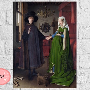 Op de afbeelding: Een schilderij van een man en een vrouw in een kamer. De man draagt een zwarte hoed en een lange, donkere mantel. De vrouw draagt een groene jurk en een witte hoofdbedekking. Ze houden elkaars hand vast en kijken elkaar aan.