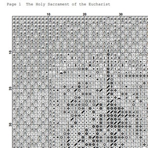 May include: A black and white cross-stitch pattern chart titled "The Holy Sacrament of the Eucharist." The grid is filled with symbols and numbers, including stars, hearts, and geometric shapes, for a detailed needlework project.