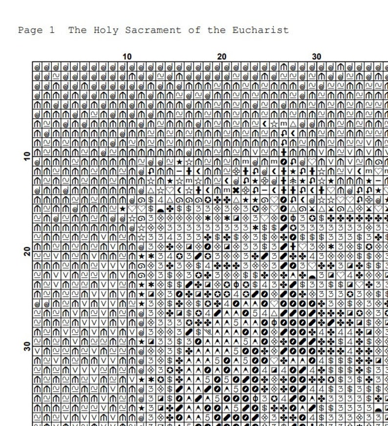 May include: A black and white cross-stitch pattern chart titled "The Holy Sacrament of the Eucharist." The grid is filled with symbols and numbers, including stars, hearts, and geometric shapes, for a detailed needlework project.