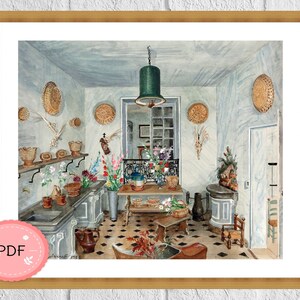 Het bloemenkamer kruissteekpatroon, PDF-formaat, gezellig huis, interieur X steekdiagram, Boho kamerscène