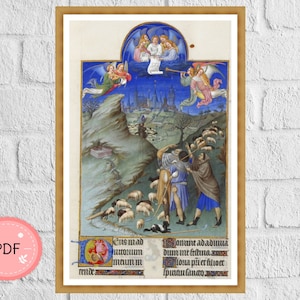 Cross Stitch Pattern,The Annunciation to The Shepherds,Religious,Christian Icon,Full Coverage,Medieval Illuminated Manuscript