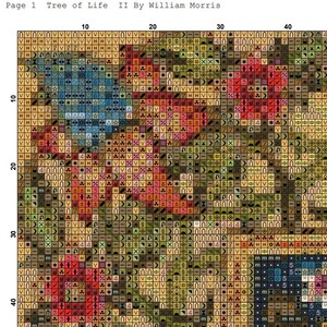 May include: A cross-stitch pattern featuring a colorful floral design with a variety of colors, including red, orange, yellow, blue, and green. The pattern is titled "Tree of Life II" by William Morris.