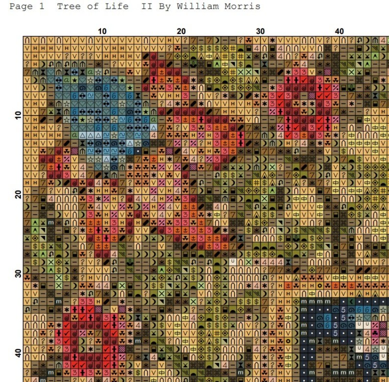 May include: A cross-stitch pattern featuring a colorful floral design with a variety of colors, including red, orange, yellow, blue, and green. The pattern is titled "Tree of Life II" by William Morris.