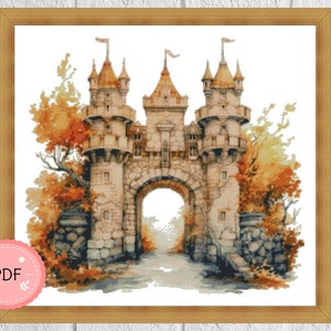 Cross Stitch Pattern,Magical Autumn Castle Gate,Medieval Castle, Pdf, Instant Download ,Landscape,Nature Scene,Needlework