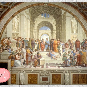 May include: A print of Raphael's "The School of Athens" fresco, featuring numerous figures in classical attire. The artwork is set within an architectural space, with a colour palette of warm reds, oranges, and golds, contrasted by cooler blues and greens.