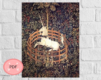 Patrón de punto de cruz "El Unicornio Cautivo": Cobertura completa (Patrón PDF)