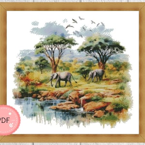 Cross Stitch Pattern,African Landscape With Elephants,Elephant Family,Pdf,Instant Download ,Animal X Stitch Chart,Watercolor,Africa,Safari