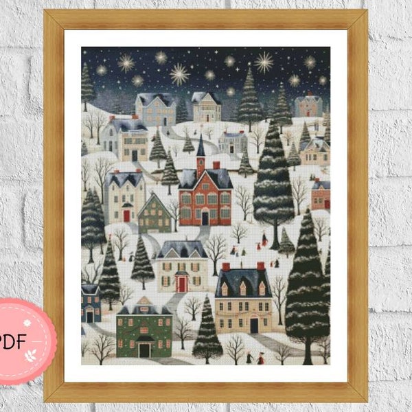 Winter Cross Stitch Pattern ,Winter Day In Town,Winter Forest ,Landscape ,Snowy Mountain, Nature X Stitch Chart,Snowy Village,Row Houses