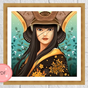 Cross Stitch Pattern , Geisha With Samurai Helmet ,Japanese Art  , PDF Format , Instant Download , Oriental Women