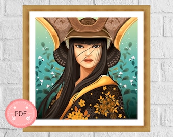 Geisha with Samurai Helmet Cross Stitch Pattern: Japanese Art (PDF Pattern)