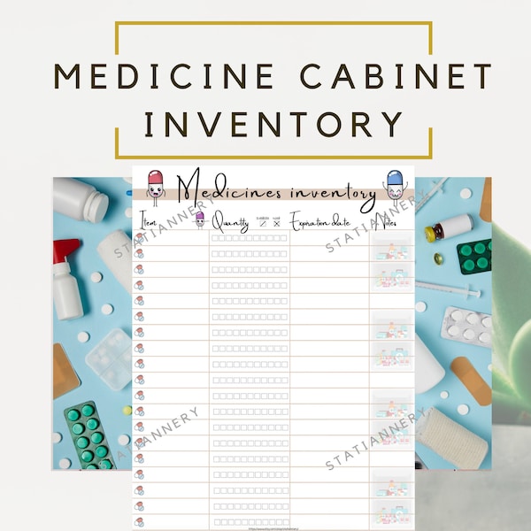 Medicine Cabinet Inventory, First Aid Kit, Gift for grandma, Bathroom Cabinet, Medicine Cupboard, Linen Closet, Printable PDF, A4, US Letter