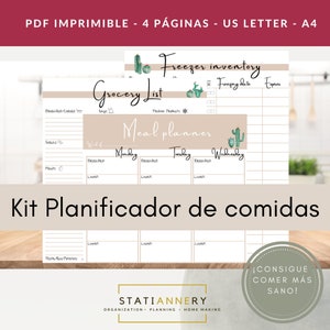 Planificador de comidas 3 en 1, Planificador de comidas semanal, Menú semanal, Lista de la compra, Inventario congelador, PDF imprimible, A4