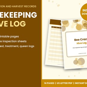 Beekeeping Hive Inspection Log Printable PDF, Apiary and Honey Harvest Records, 14 Pages