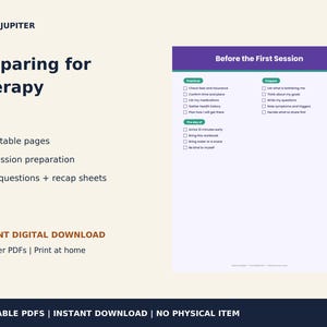 May include: A digital printable document titled Preparing for Therapy by UrbanJupiter. The page features a checklist titled Before the First Session with sections for Practical, Prepare, and The day of, including checkboxes for various tasks.