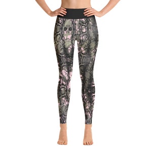 May include: Black, green, and pink patterned leggings with a high waist.
