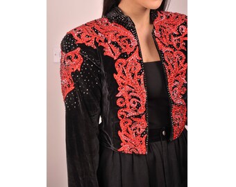 Hand made saloon dance 6uk Chrystal bolero jacket black and red.