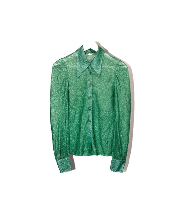Sparkly green shirt XS 6uk pointy collar balloon … - image 2