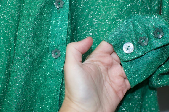 Sparkly green shirt XS 6uk pointy collar balloon … - image 4