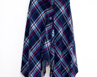 Checked Poncho button with hooded fur one size amazing quality and condition