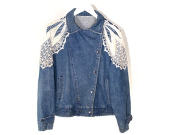 Vintage boho denim jacket XL pearls and crochet application- lace its a bit damaged