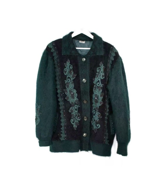 Vintage 90s Mohair Dark Green Cardigan 16/18uk Ove