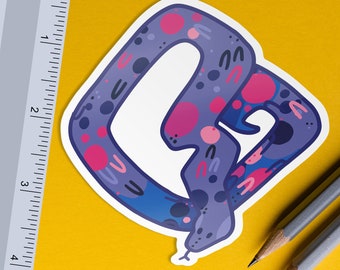 May include: A sticker of a purple snake with pink and blue abstract patterns. The snake is curled into a letter C shape.