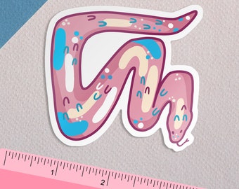 May include: A pink and blue snake sticker with a white background. The snake has a whimsical, abstract pattern.