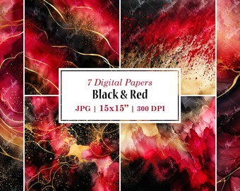 Watercolor Black & Red Digital Paper, Abstract Red and Black Backgrounds, Red Black Gold Scrapbook Papers, Red Wedding Invitation Background