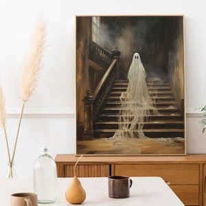 Halloween Ghost Print, Spooky Ghost Wall Art, Printable Halloween Art, Farmhouse Decor, Vintage Ghost Painting, Ghost in Cottage Art Print image 4