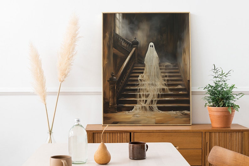 Halloween Ghost Print, Spooky Ghost Wall Art, Printable Halloween Art, Farmhouse Decor, Vintage Ghost Painting, Ghost in Cottage Art Print image 4