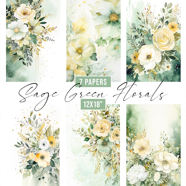 Watercolor Sage Green Floral Digital Papers, Sage Green Background, Green Floral Wedding Invite Background, Green Flowers Backgrounds