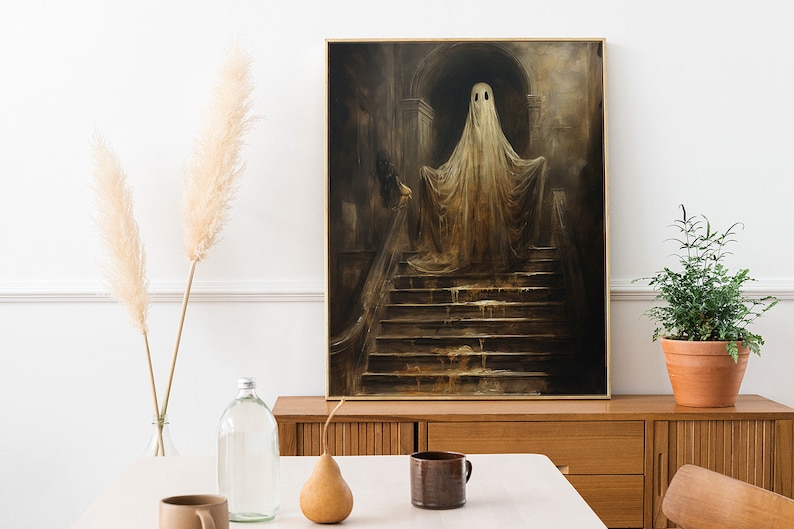 Peut inclure: Une peinture repr&eacute;sentant un fant&ocirc;me blanc debout sur un escalier dans une pi&egrave;ce sombre. Le fant&ocirc;me porte un drap blanc et a deux yeux noirs. L'escalier est en pierre et est recouvert d'un liquide sombre.