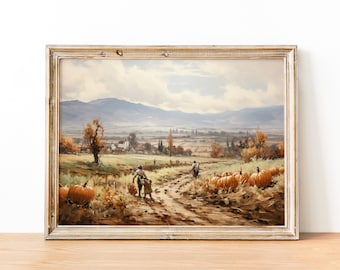 Vintage Pumpkin Patch Print, Fall Wall Art, Pumpkin Patch Painting, Autumn Countryside Print, Country Pumpkin Patch Landscape, Antique Print