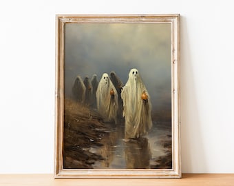 Printable Wall Art Ghost, Vintage Ghost Painting, Multi Ghost Wall Art Print, Halloween Ghost Print, Farmhouse Decor, Halloween Wall Art