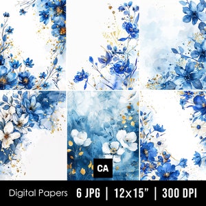 Digitaal papier met blauwe bloemen, achtergrond met aquarel bloemen, blauw afdrukbaar plakboekpapier, aquarel koningsblauwe bloemen dagboekpapier