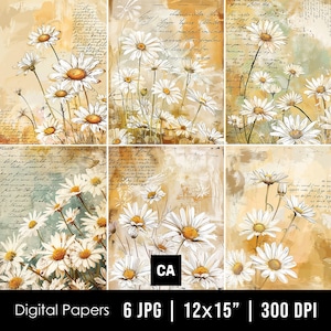 Vintage Daisy Flowers Junk Journal Pages, Rustic Digital Papers, Digital Scrapbook Papers, Printable Daisies Backgrounds, Journal Ephemera